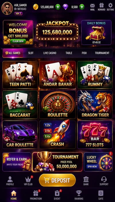 Modern AS8 Game casino dashboard showing colorful betting games, wallet balance, bonus section, slot games, and online casino menu on a mobile screen.